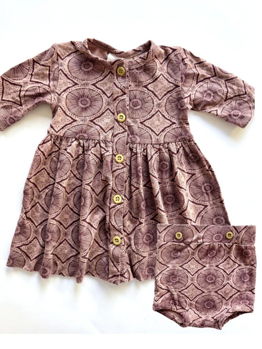 The Woods by Kate Quinn 2pc Dress & Bloomers Set Mauve Plum 6-12M